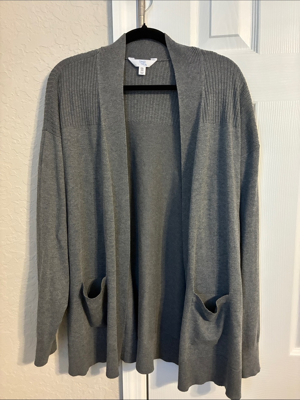 Time and Tru Gray Open-Front Rib Shoulder Cardigan